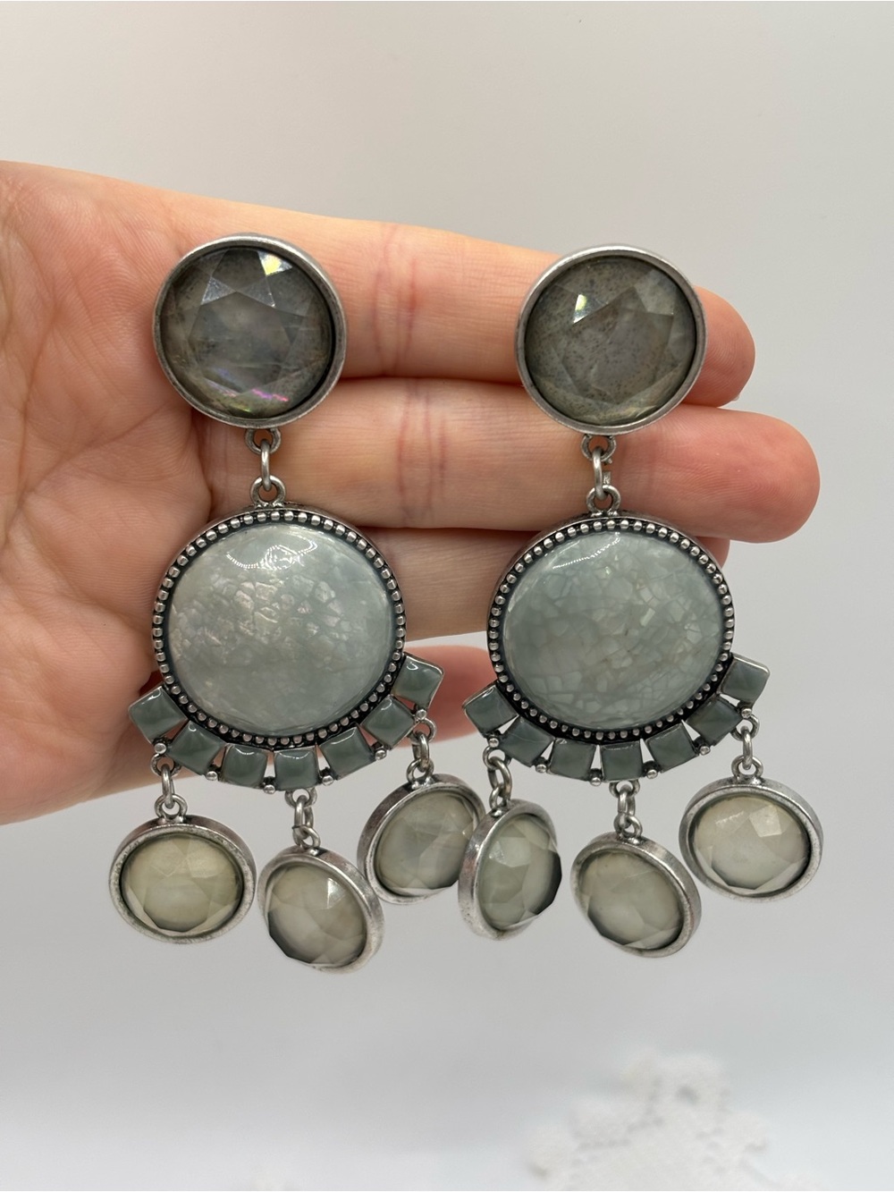 Chico's Faux Labradorite Chandelier Statement Clip-on Earrings